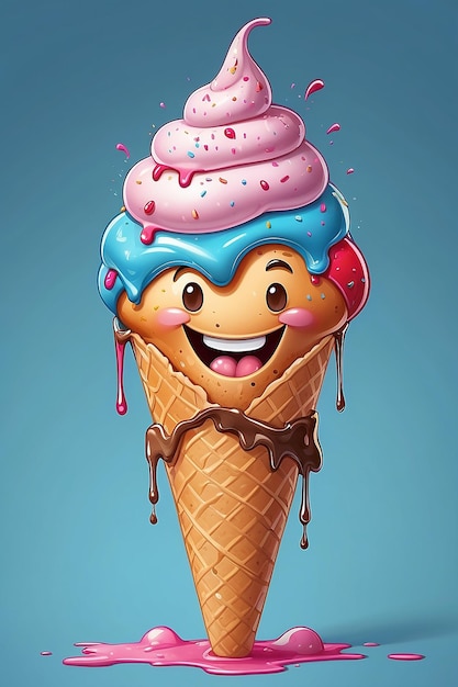 Fun character of an ice cream cone smiling and dripping