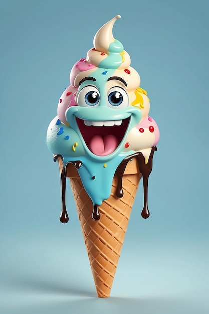 Fun character of an ice cream cone smiling and dripping