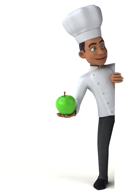 Весело повар держит зеленое яблоко