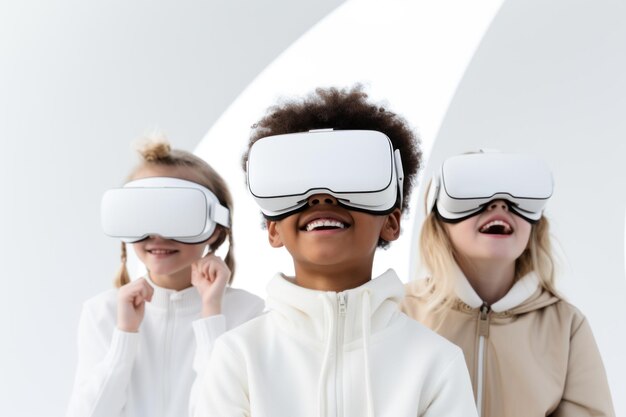 Fun children toddlers wearing virtual reality goggles passionately immersed in virtual reality white background