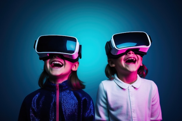 Photo fun children toddlers wearing virtual reality goggles passionately immersed in virtual reality