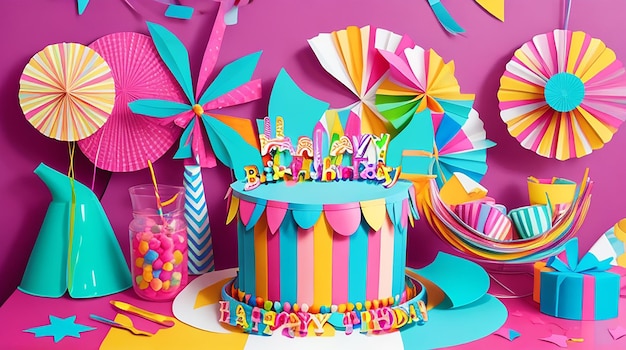 Fun and colorful birthday decoration in paper cut style