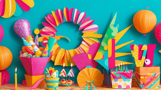 Fun and colorful birthday decoration in paper cut style