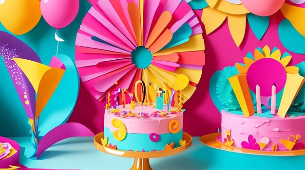 Fun and colorful birthday decoration in paper cut style