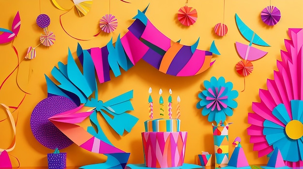 Fun and colorful birthday decoration in paper cut style