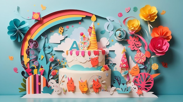 Photo fun and colorful birthday decoration in paper cut style