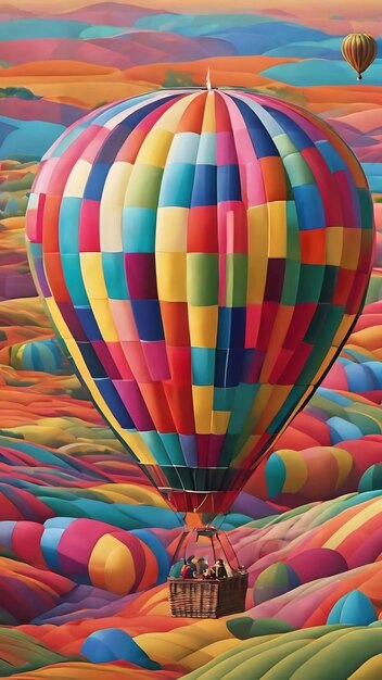 A fun colorful illustration of a hot air balloon flying over a striped backdrop generated by ai