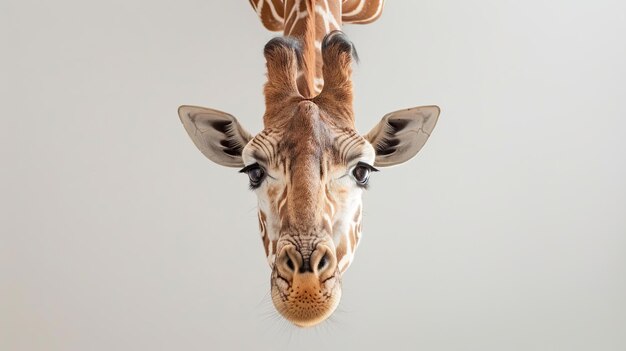 Foto un ritratto divertente e carino di una giraffa a testa in giù su bianco generativo ai