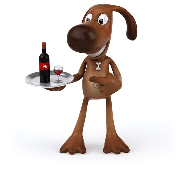 Fun dog holding a bottle of red wine