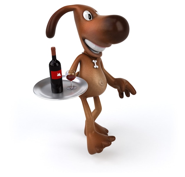 Fun dog holding a bottle of red wine