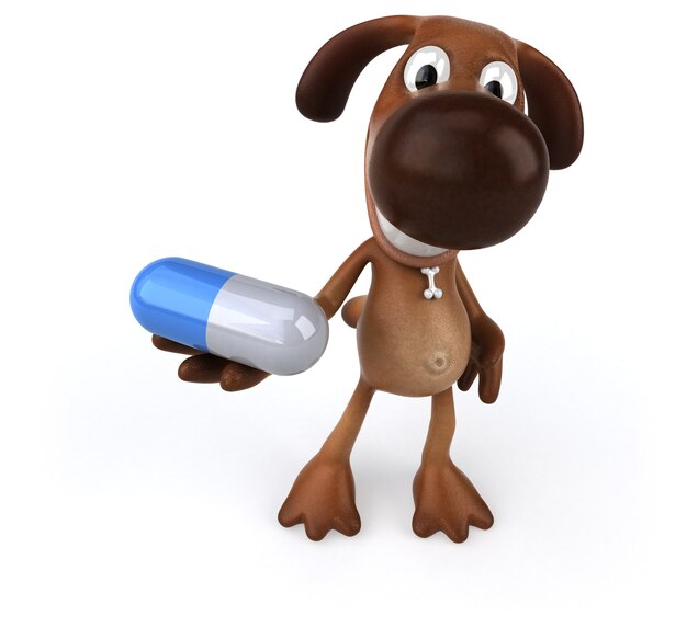 Fun dog holding a pill in its hand