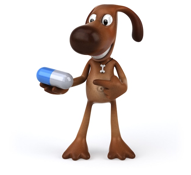 Забавная собака, держащая в руке таблетку
