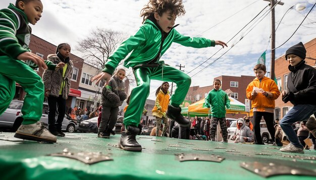 Photo a fun dynamic shot of kids playing games at a saint patricks day fair