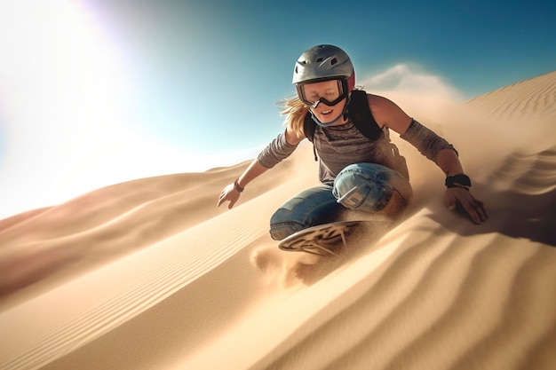 Fun extreme athletes slide down the dunes Ai generated