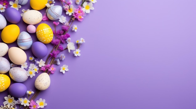 A fun and festive easter scene with eggs candy and decorations on a bright purple