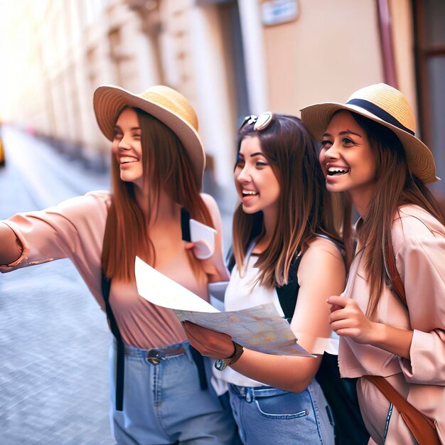 Fun friends travel and tourism concept Beautiful girls looking for direction in the city