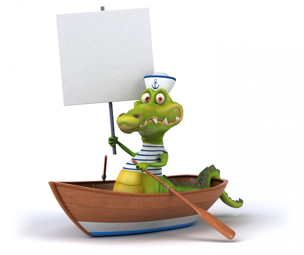 Fun funny illustrated crocodile in a boat with a placard