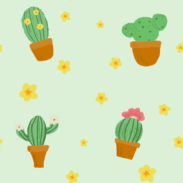 Modello senza cuciture di cactus disegnato a mano divertente su sfondo verde chiaro