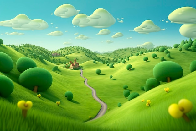 Забава и счастье Pixar Rolling Green Hills Визуальное путешествие AI Generative