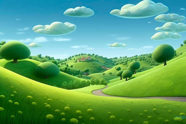 Foto divertente e felice pixar rolling green hills un viaggio visivo generativo ai
