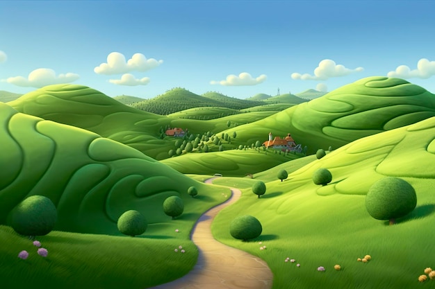 Веселье и радость Pixar Rolling Green Hills Визуальное путешествие AI Generative