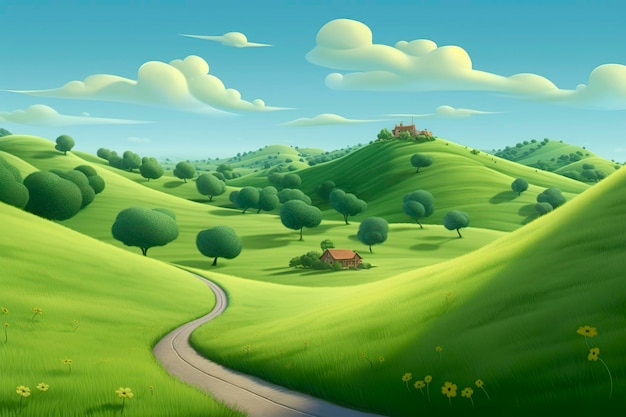 Веселье и радость Pixar Rolling Green Hills Визуальное путешествие AI Generative