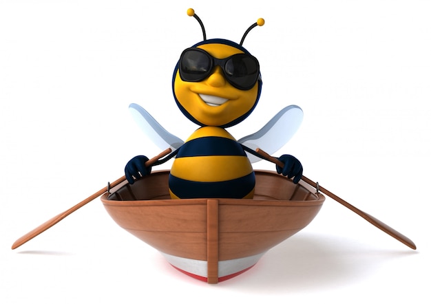 Fun illustrated bee in a boat with sunglasses rowing