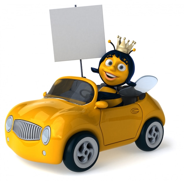 Fun illustrated bee in a car wearing a crown holding a placard