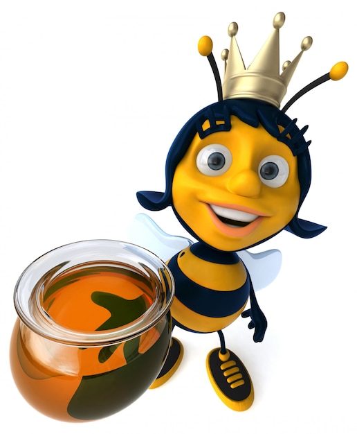 Fun illustrated bee wearing a crown holding a honey jar