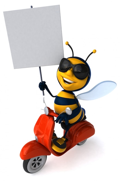 Fun illustrated bee with sunglasses riding a scooter holding a placard