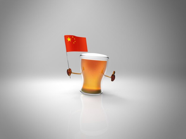 Fun illustrated beer character holding the flag of china