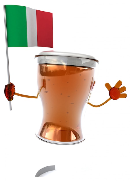 イタリアの旗を握る楽しいイラスト入りビールのキャラクター