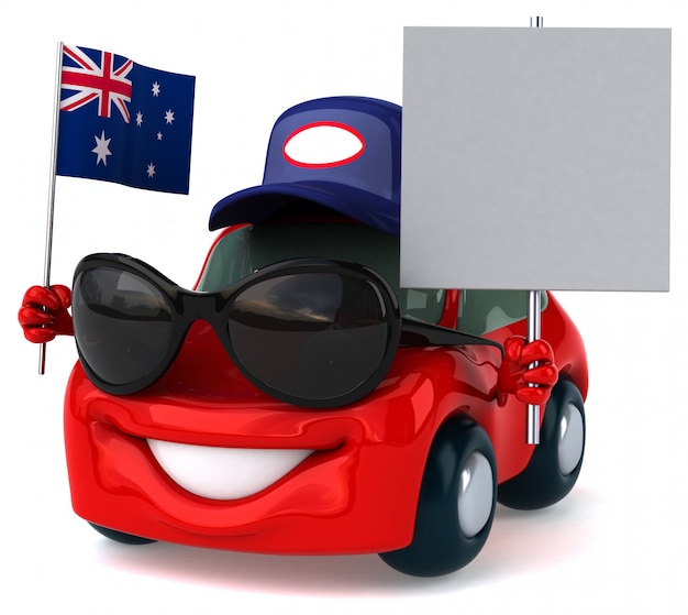 オーストラリアの旗と空白のプラカードを保持している楽しいイラスト付き車