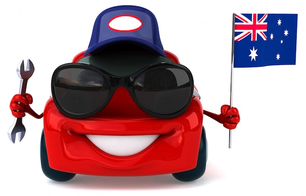 Automobile illustrata divertimento che tiene la bandiera dell'australia