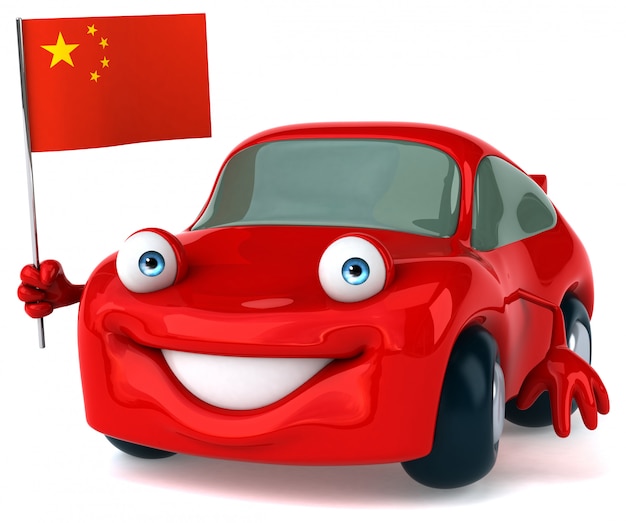 中国の旗を握る楽しいイラスト入り車