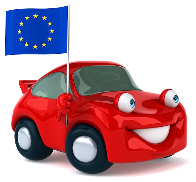 Fun illustrated car holding the flag of european union