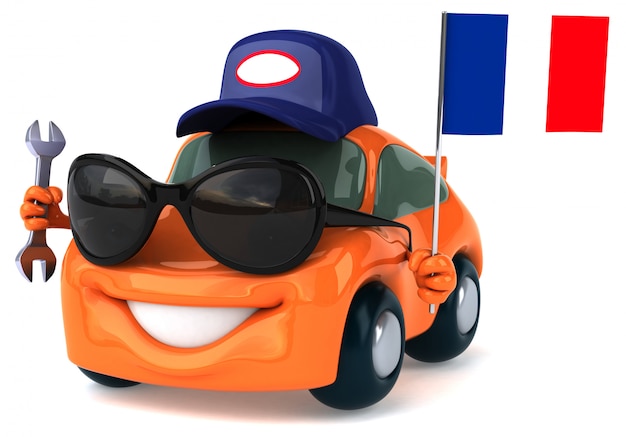 フランスの旗を握る楽しいイラスト入り車