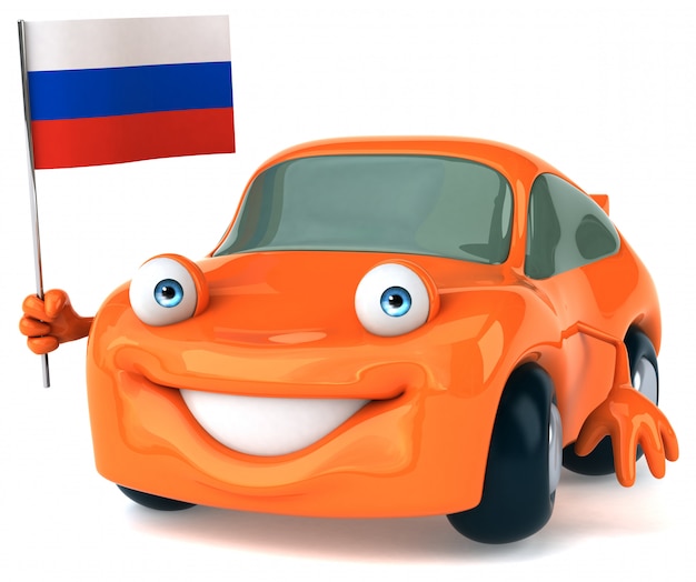 ロシアの旗を握る楽しいイラスト入り車