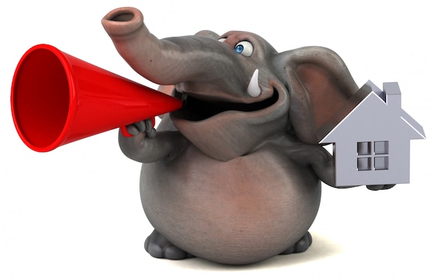 Fun illustrated elephant 3D holding an icon of a house and a megaphone