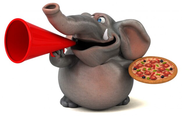 Fun illustrated elephant 3D holding a pizza and a megaphone