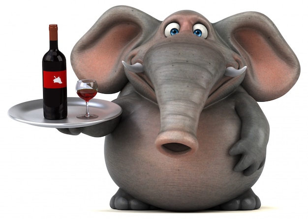 Fun illustrated elephant 3D holding a tray with a bottle of wine