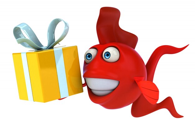 Fun illustrated fish holding a gift package