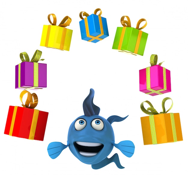 Photo fun illustrated fish juggling with presents