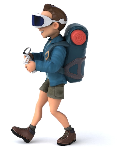 Fun Illustration of a backpacker with a VR Helmet