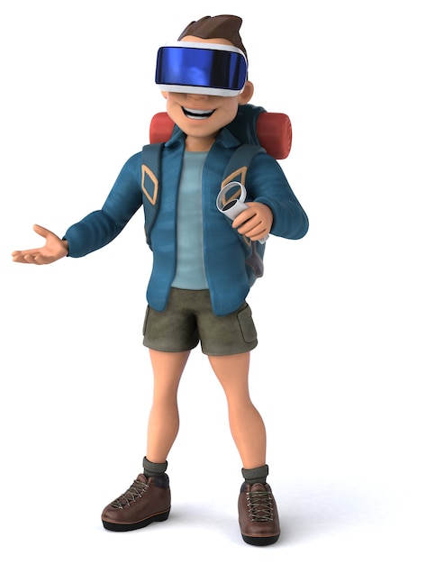 Fun Illustration of a backpacker with a VR Helmet