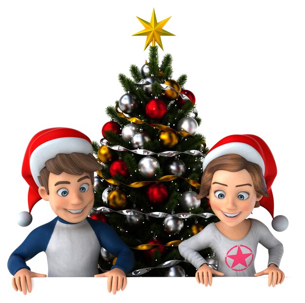 Photo fun illustration of cartoon kids with a christmas tree