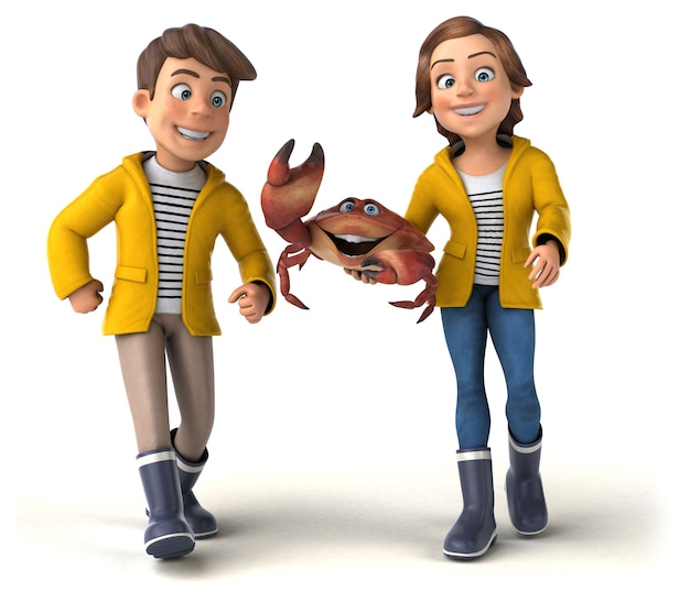 Fun Illustration of cartoon kids with a crab