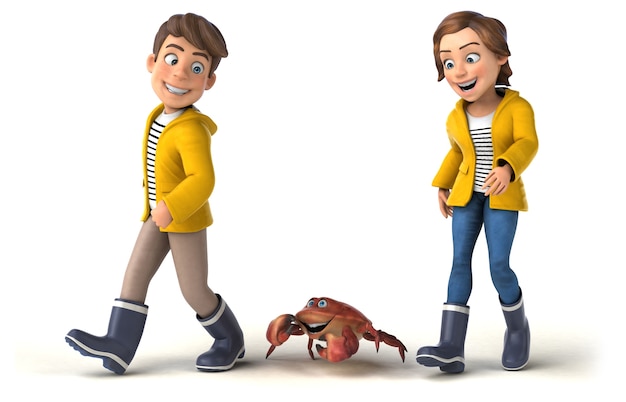 Fun Illustration of cartoon kids with a crab