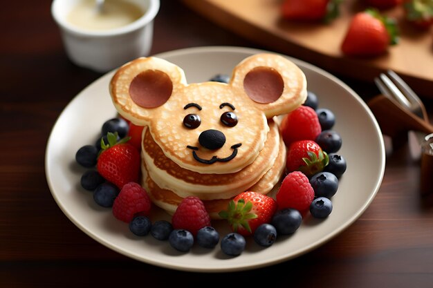 Fun Kid Breakfast Pancake draagt een lachend gezicht met verschillende soorten fruit