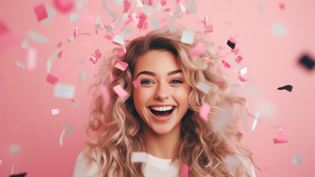 Fun party girl smiling woman throwing confetti on a pastel pink background Party time concept
